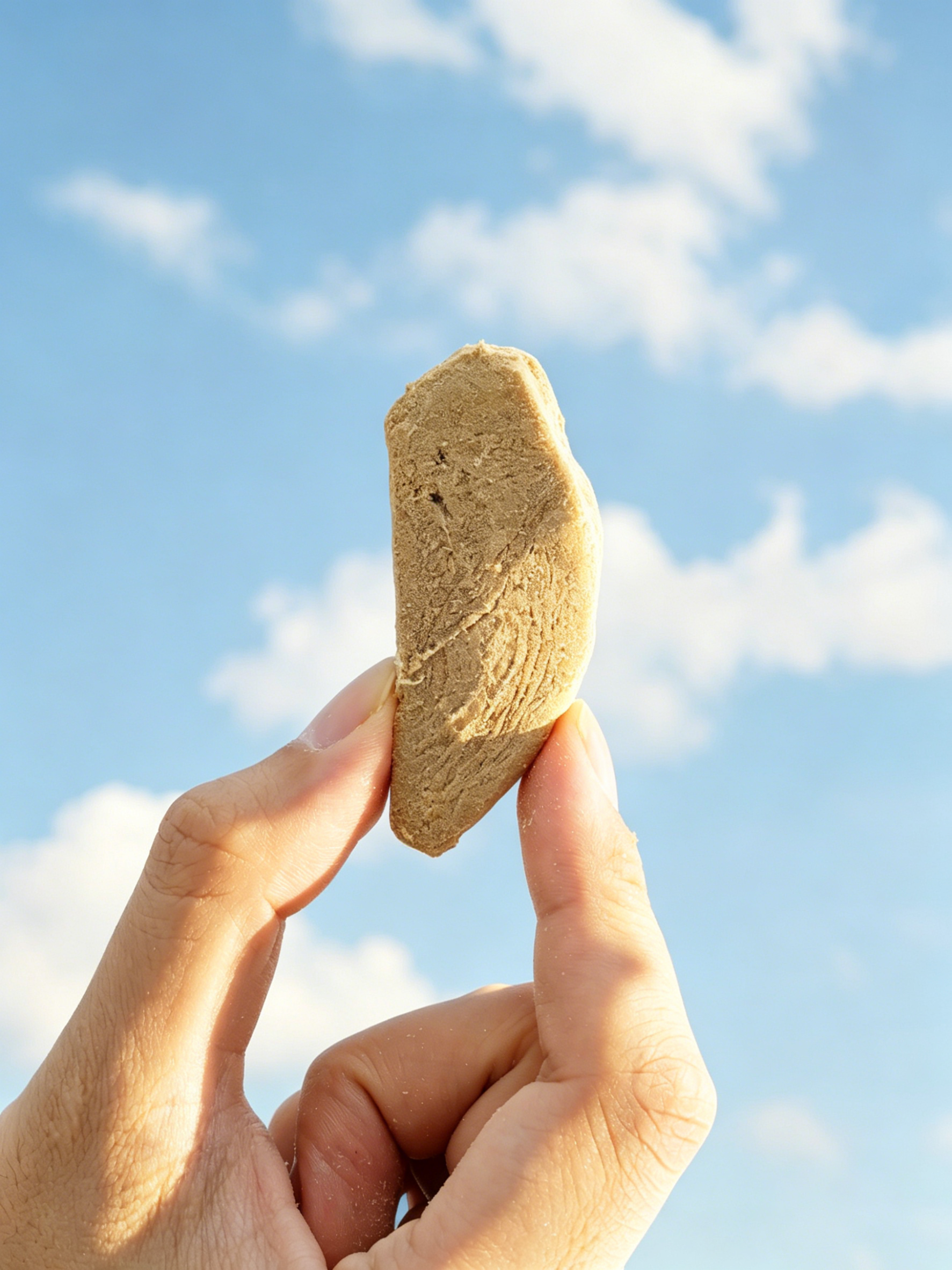 Hand holding a piece of bread against a blue sky with clouds