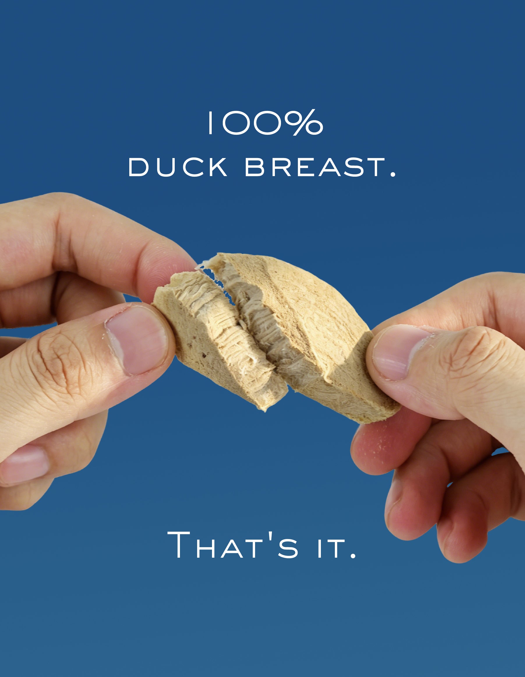 Two hands holding a piece of duck breast against a blue background with text.