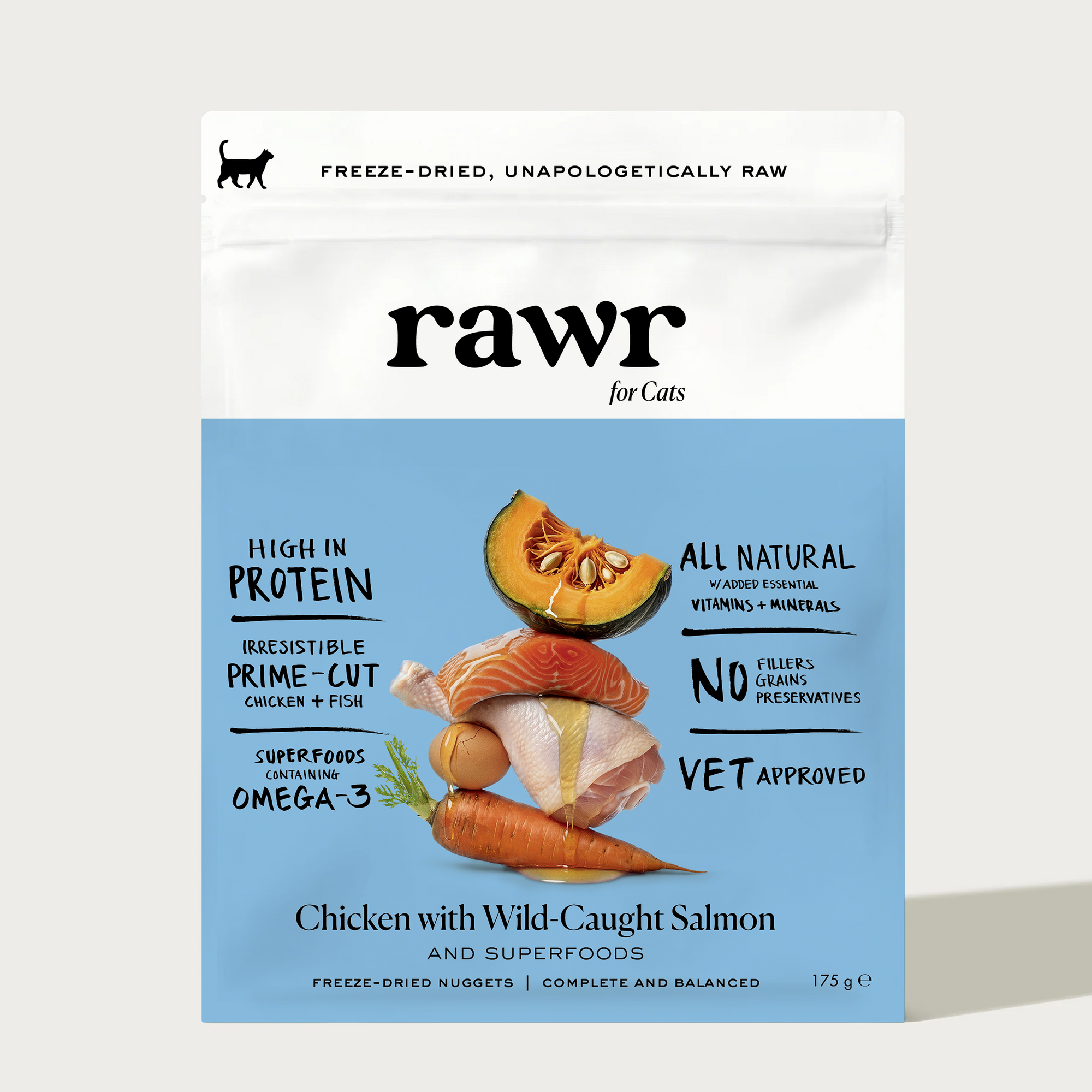 Package of raw cat food with 'rawr' branding on a light gray background