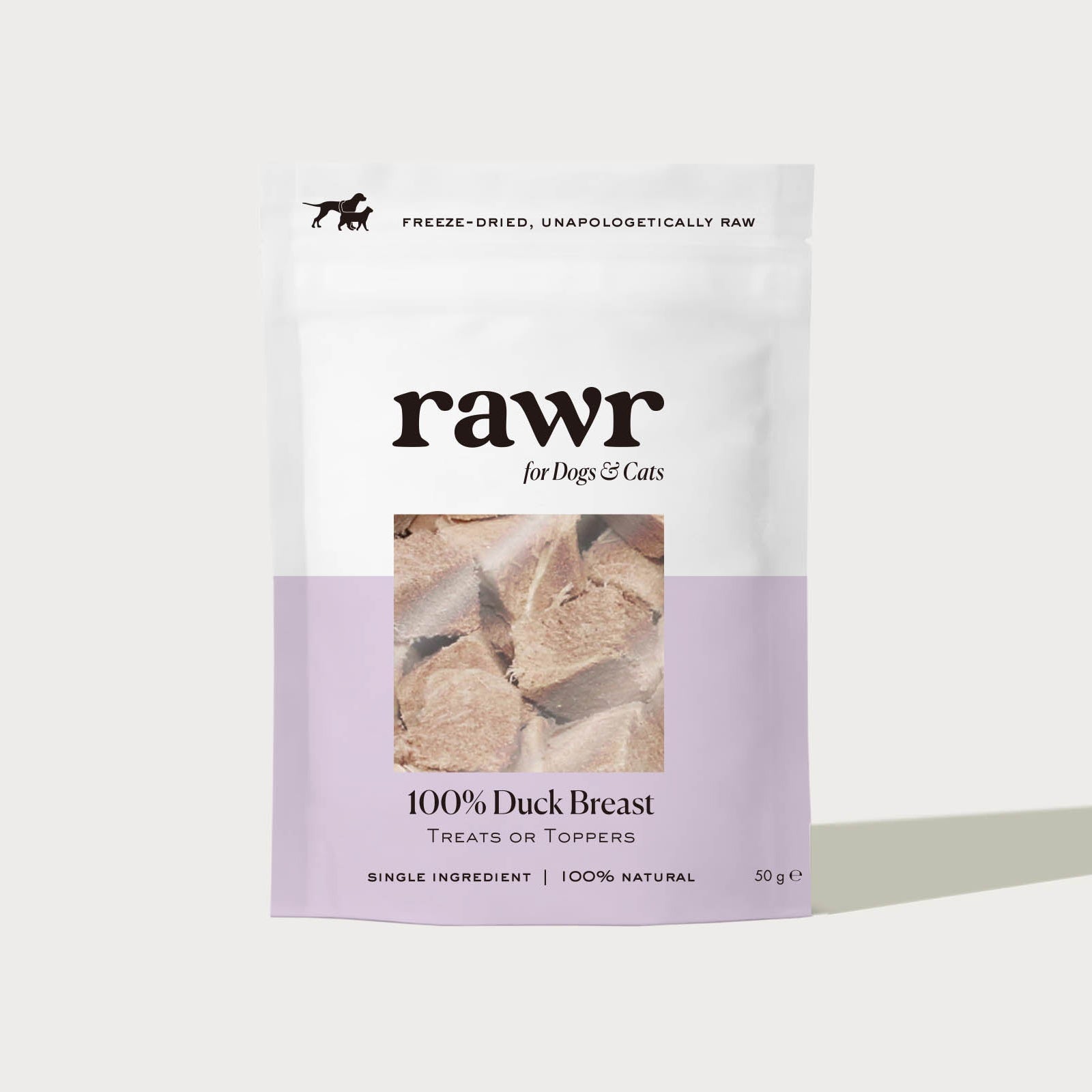Package of 'rawr' 100% Duck Breast treats or toppers on a white background